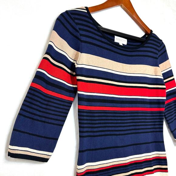 Apricot 6 Small Striped 3/4 Midi‎ Scoop Neck Colorful Dress Stretch Retro Formal - Picture 2 of 10